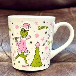 Grinch in Pink Santa Suit Ceramic Christmas Mug - Candy Canes Trees Snowflakes